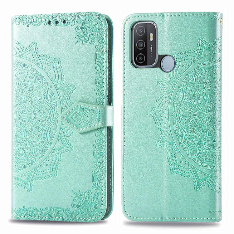 For OPPO A53 2020 Embossed Mandala Pattern TPU + PU Horizontal Flip Leather Case with Holder & Three Card Slots & Wallet