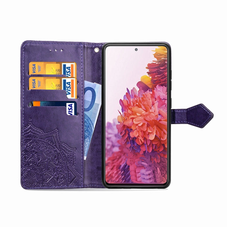 For Samsung Galaxy S20 FE Embossed Mandala Pattern TPU + PU Horizontal Flip Leather Case with Holder & Three Card Slots & Wallet