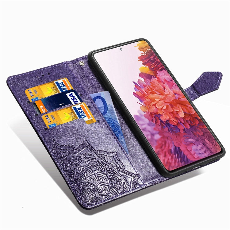 For Samsung Galaxy S20 FE Embossed Mandala Pattern TPU + PU Horizontal Flip Leather Case with Holder & Three Card Slots & Wallet