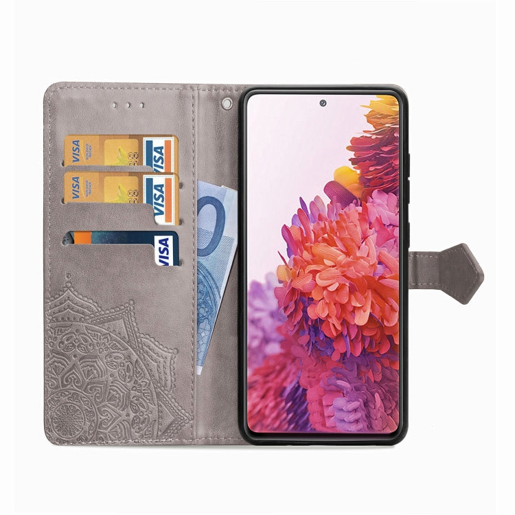 For Samsung Galaxy S20 FE Embossed Mandala Pattern TPU + PU Horizontal Flip Leather Case with Holder & Three Card Slots & Wallet