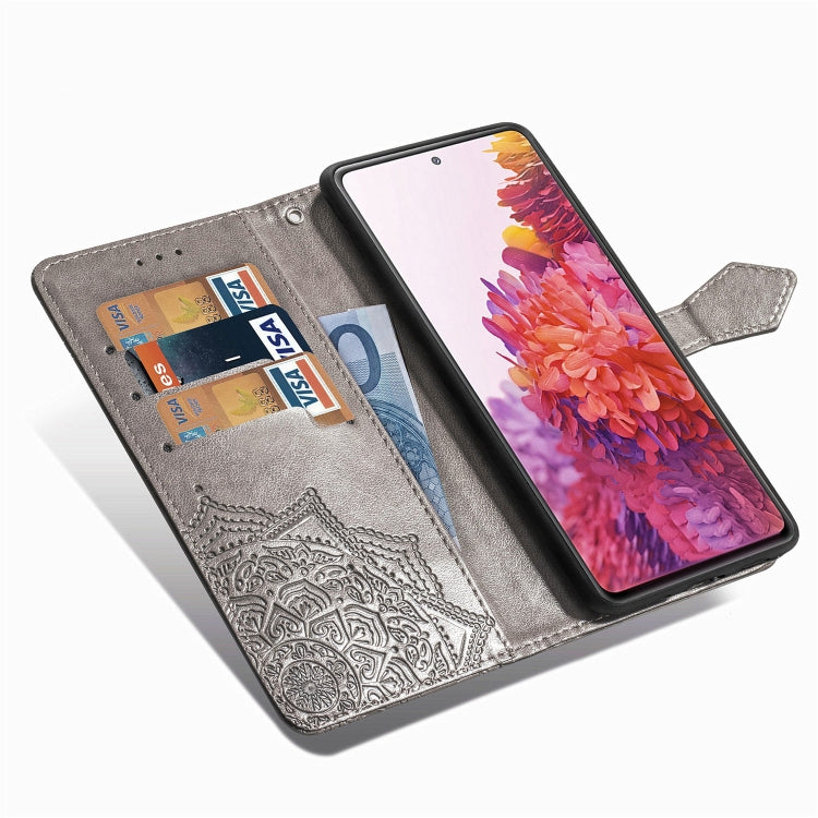 For Samsung Galaxy S20 FE Embossed Mandala Pattern TPU + PU Horizontal Flip Leather Case with Holder & Three Card Slots & Wallet