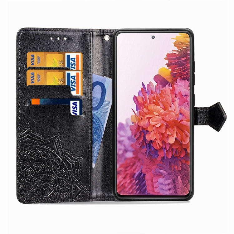 For Samsung Galaxy S20 FE Embossed Mandala Pattern TPU + PU Horizontal Flip Leather Case with Holder & Three Card Slots & Wallet