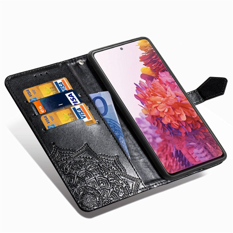 For Samsung Galaxy S20 FE Embossed Mandala Pattern TPU + PU Horizontal Flip Leather Case with Holder & Three Card Slots & Wallet