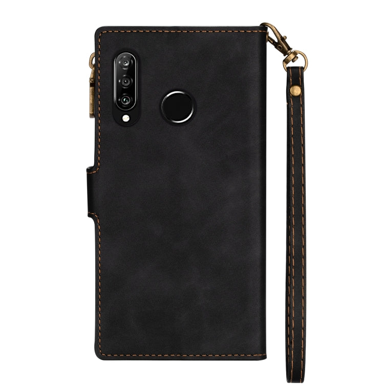 For Huawei P30 Lite Zipper Multi-card Slots Horizontal Flip PU Leather Case with Holder & Card Slots & Wallet & Lanyard & Photo Frame