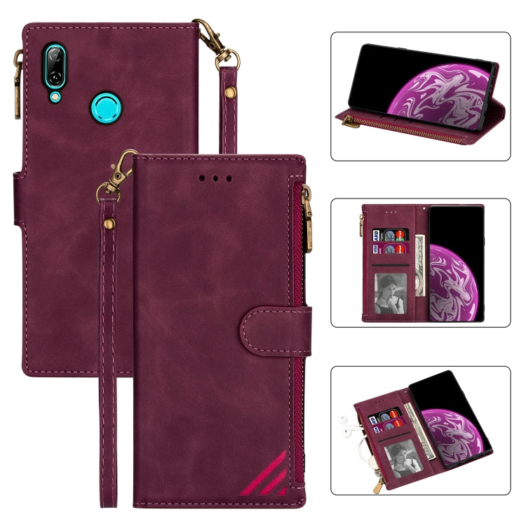 For Huawei P smart (2019) Zipper Multi-card Slots Horizontal Flip PU Leather Case with Holder & Card Slots & Wallet & Lanyard & Photo Frame