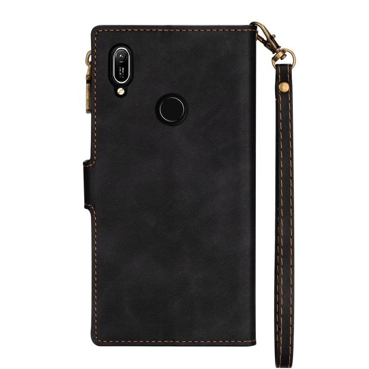 For Huawei Y7 (2019) Zipper Multi-card Slots Horizontal Flip PU Leather Case with Holder & Card Slots & Wallet & Lanyard & Photo Frame(Black)