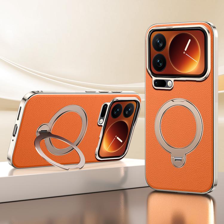 For Xiaomi 17 Pro Max Skin Feel Leather Texture Cooling MagSafe Phone Case with 360 Degrees Rotating Holder