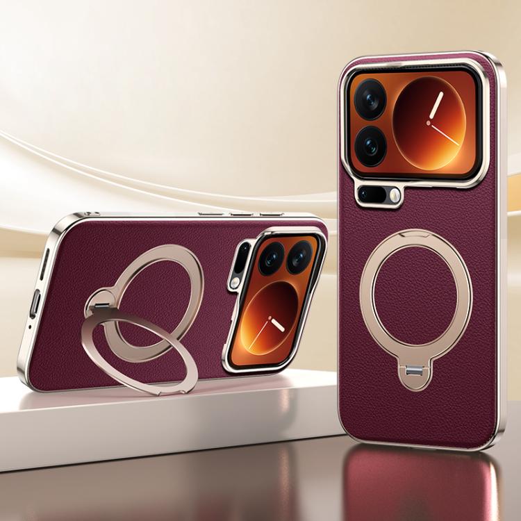 For Xiaomi 17 Pro Max Skin Feel Leather Texture Cooling MagSafe Phone Case with 360 Degrees Rotating Holder