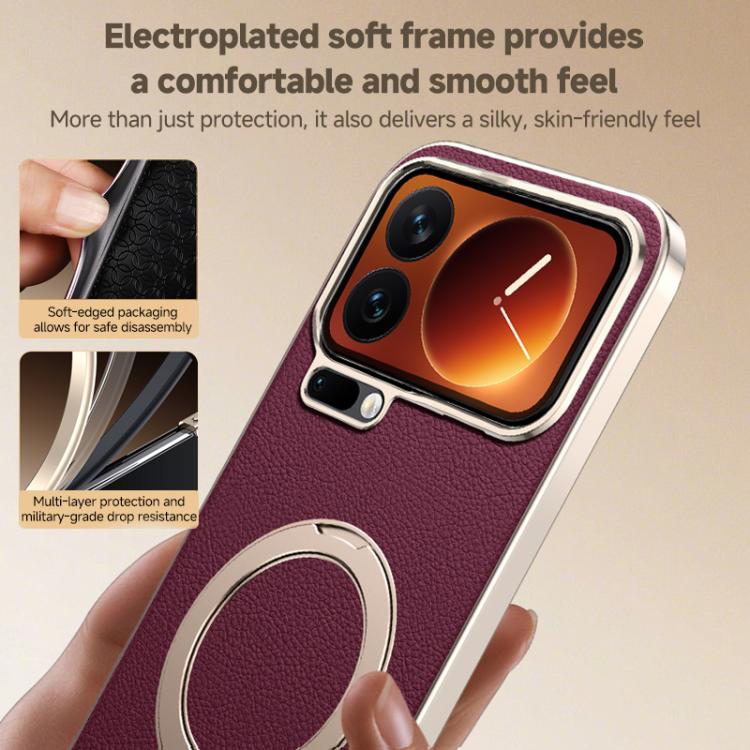 For Xiaomi 17 Pro Max Skin Feel Leather Texture Cooling MagSafe Phone Case with 360 Degrees Rotating Holder