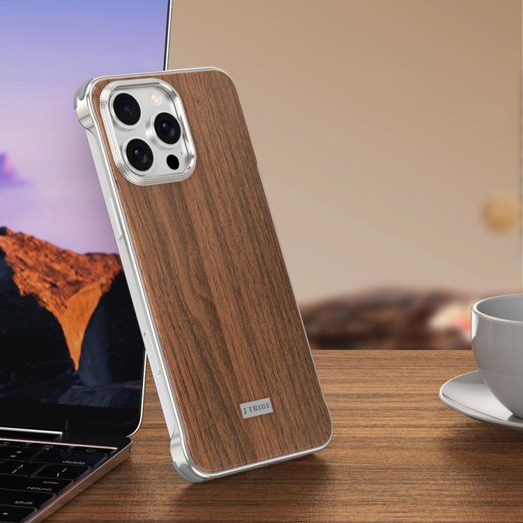 For iPhone 15 Pro Max J TRIBE Metal Frameless Wood Texture MagSafe Phone Case - Walnut