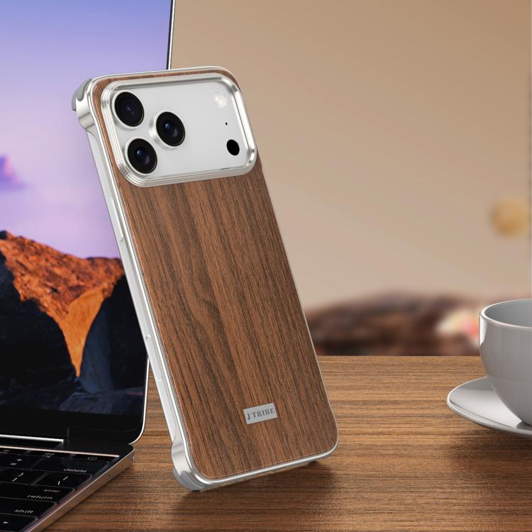 For iPhone 17 Pro Max J TRIBE Metal Frameless Wood Texture MagSafe Phone Case - Walnut