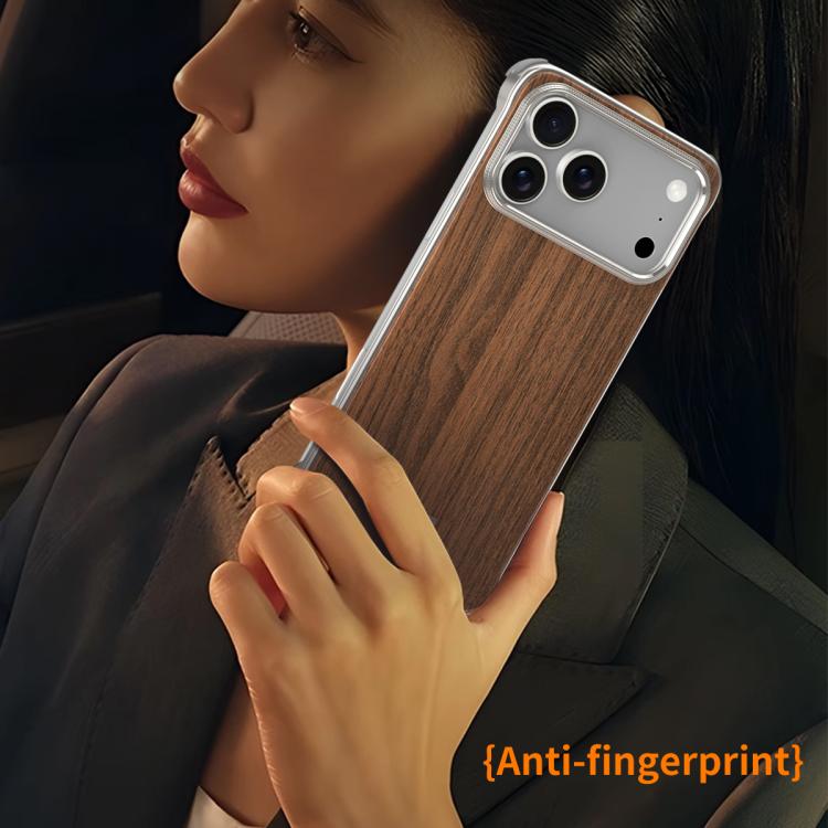 For iPhone 15 Pro Max J TRIBE Metal Frameless Wood Texture MagSafe Phone Case - Walnut