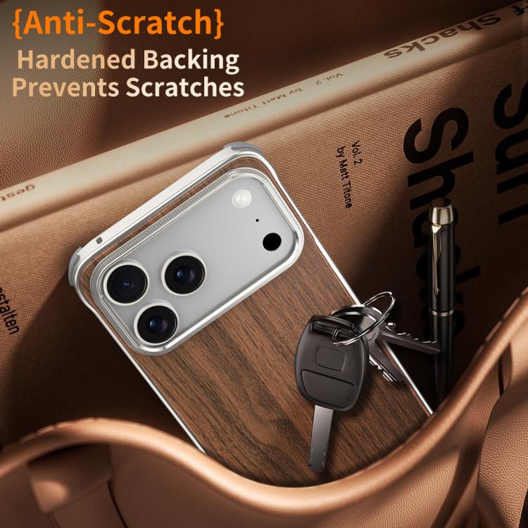 For iPhone 15 Pro Max J TRIBE Metal Frameless Wood Texture MagSafe Phone Case - Walnut