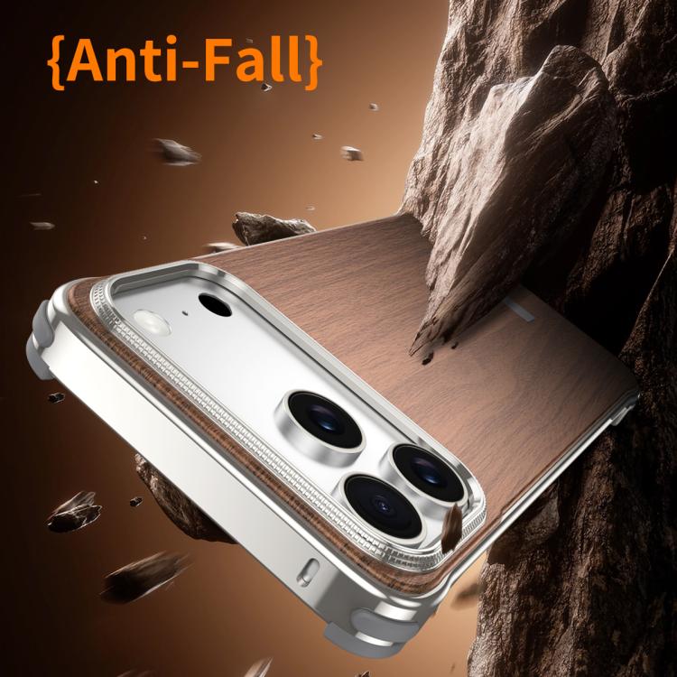 For iPhone 15 Pro Max J TRIBE Metal Frameless Wood Texture MagSafe Phone Case - Walnut