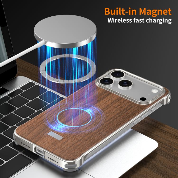 For iPhone 15 Pro Max J TRIBE Metal Frameless Wood Texture MagSafe Phone Case - Walnut