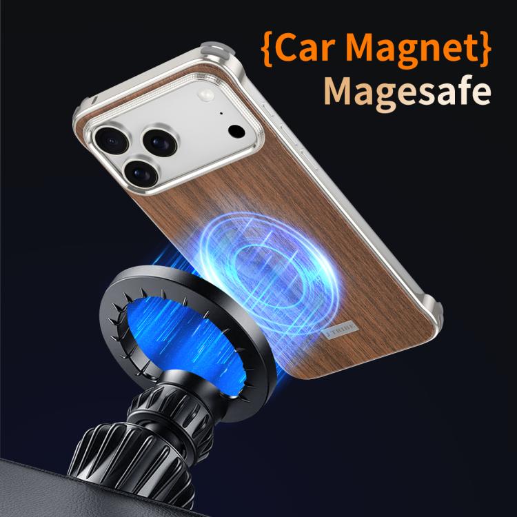 For iPhone 15 Pro Max J TRIBE Metal Frameless Wood Texture MagSafe Phone Case - Walnut