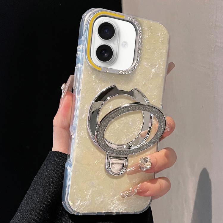 For iPhone 16 Plus Gilded Colorful Shell Patterned TPU+IMD Phone Case with Glitter Magnetic Holder