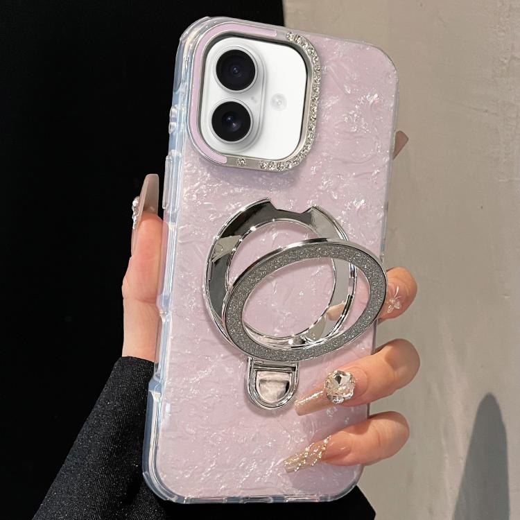 For iPhone 16 Gilded Colorful Shell Patterned TPU+IMD Phone Case with Glitter Magnetic Holder