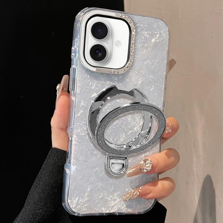 For iPhone 16 Gilded Colorful Shell Patterned TPU+IMD Phone Case with Glitter Magnetic Holder