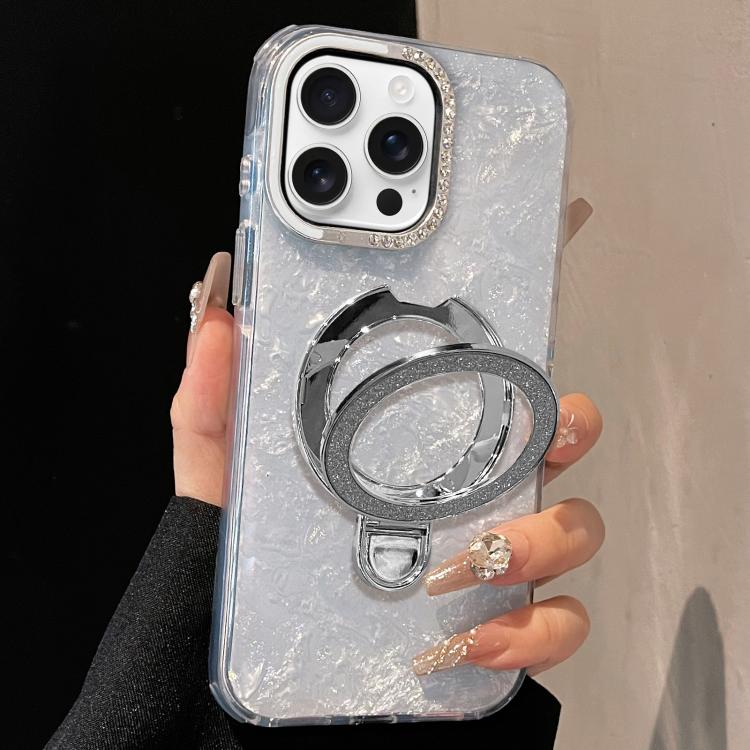 For iPhone 15 Pro Gilded Colorful Shell Patterned TPU+IMD Phone Case with Glitter Magnetic Holder