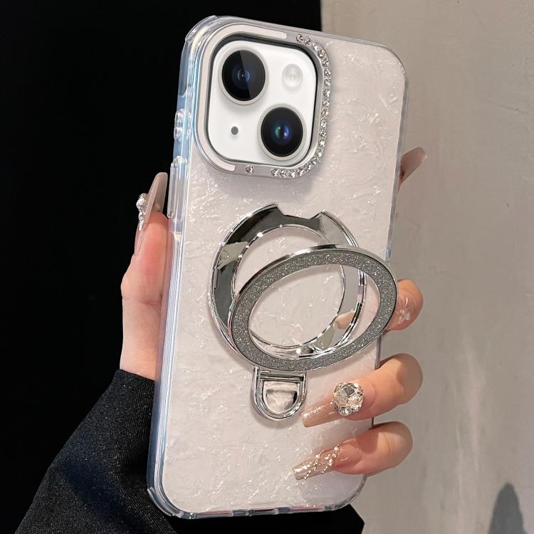 For iPhone 15 Gilded Colorful Shell Patterned TPU+IMD Phone Case with Glitter Magnetic Holder