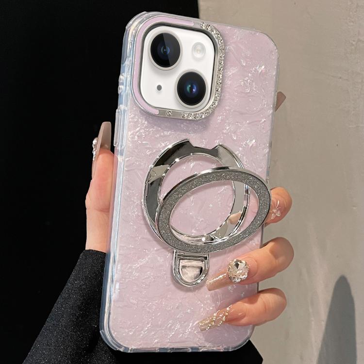 For iPhone 15 Gilded Colorful Shell Patterned TPU+IMD Phone Case with Glitter Magnetic Holder