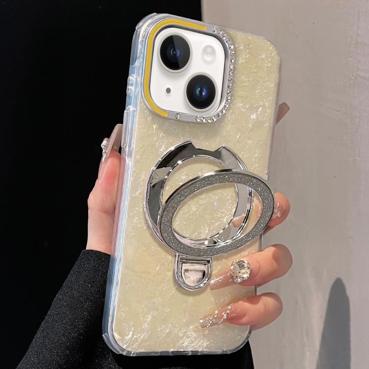 For iPhone 15 Gilded Colorful Shell Patterned TPU+IMD Phone Case with Glitter Magnetic Holder