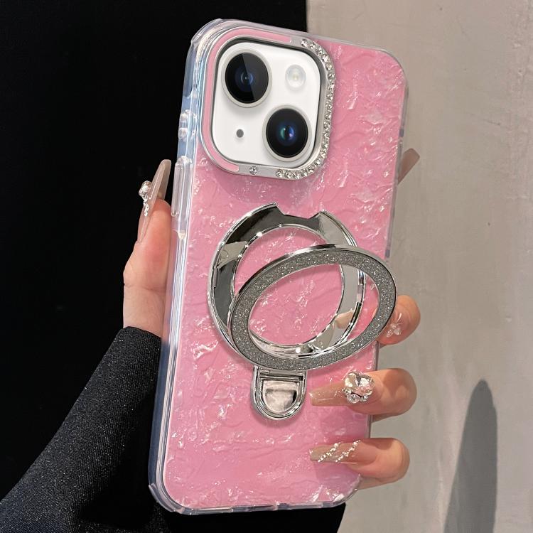 For iPhone 15 Gilded Colorful Shell Patterned TPU+IMD Phone Case with Glitter Magnetic Holder