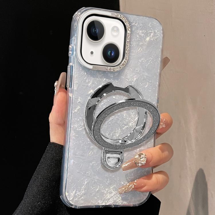 For iPhone 15 Gilded Colorful Shell Patterned TPU+IMD Phone Case with Glitter Magnetic Holder