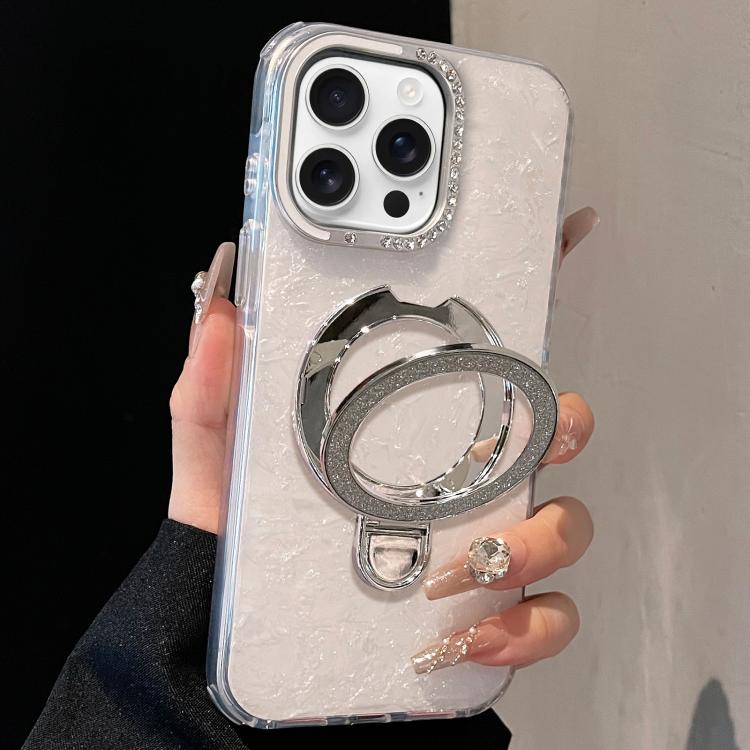 For iPhone 14 Pro Gilded Colorful Shell Patterned TPU+IMD Phone Case with Glitter Magnetic Holder