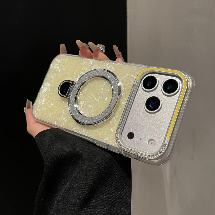 For iPhone 14 Pro Gilded Colorful Shell Patterned TPU+IMD Phone Case with Glitter Magnetic Holder