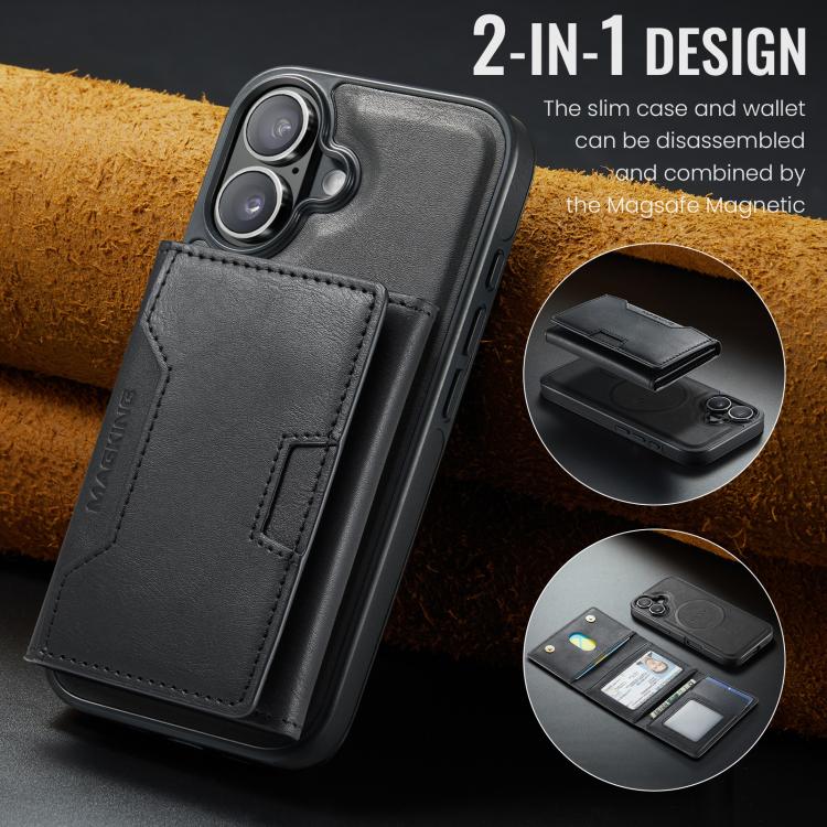 For iPhone 16 MAGKING K4 Series MagSafe RFID Tri-fold Card Bag Detachable Phone Case