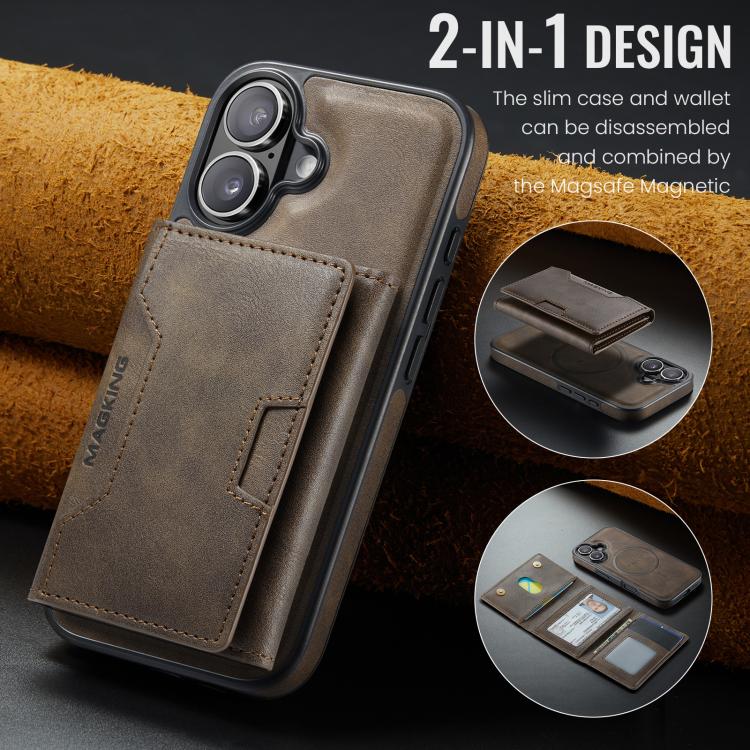 For iPhone 16 MAGKING K4 Series MagSafe RFID Tri-fold Card Bag Detachable Phone Case