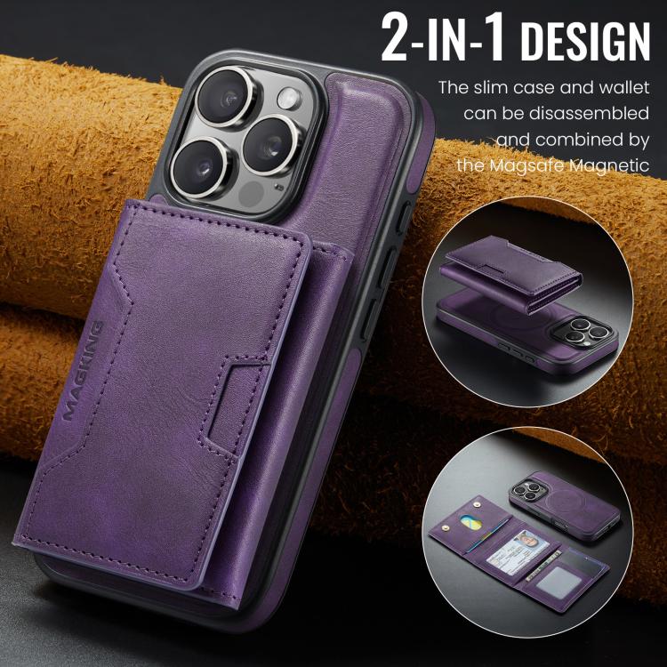 For iPhone 16 Pro MAGKING K4 Series MagSafe RFID Tri-fold Card Bag Detachable Phone Case