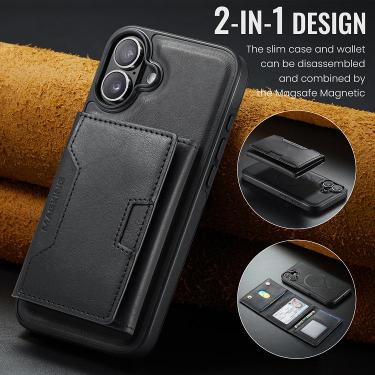 For iPhone 16 Plus MAGKING K4 Series MagSafe RFID Tri-fold Card Bag Detachable Phone Case
