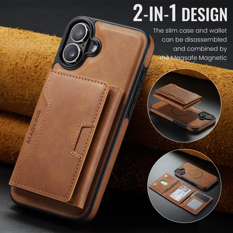 For iPhone 16 Plus MAGKING K4 Series MagSafe RFID Tri-fold Card Bag Detachable Phone Case