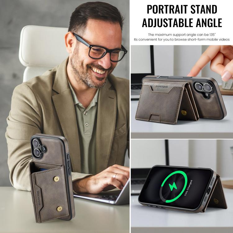 For iPhone 16 Plus MAGKING K4 Series MagSafe RFID Tri-fold Card Bag Detachable Phone Case
