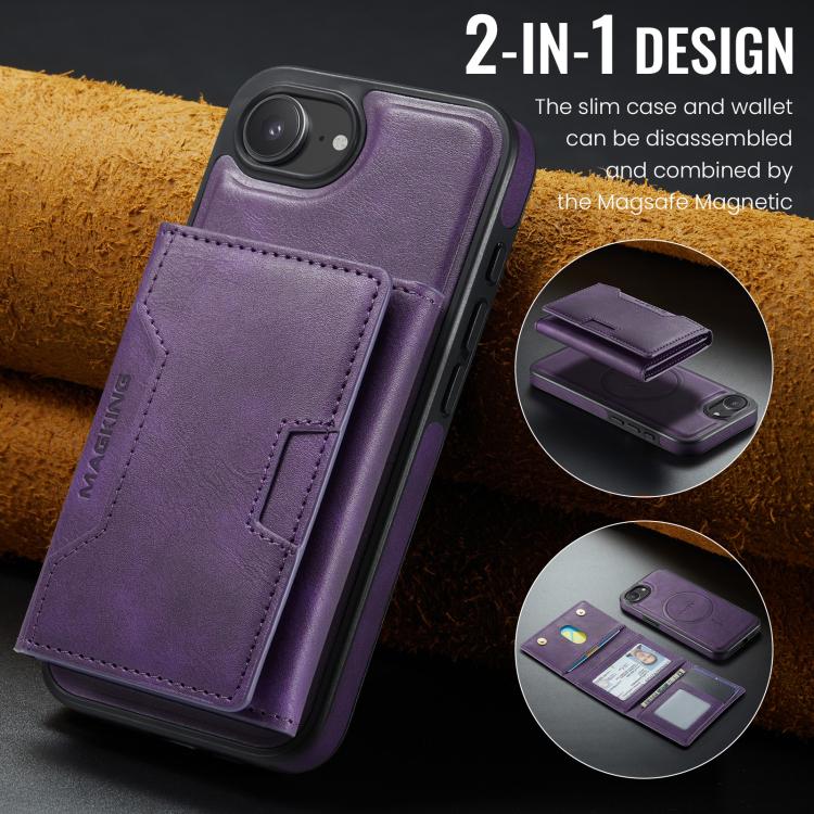 For iPhone 17e / 16e MAGKING K4 Series MagSafe RFID Tri-fold Card Bag Detachable Phone Case