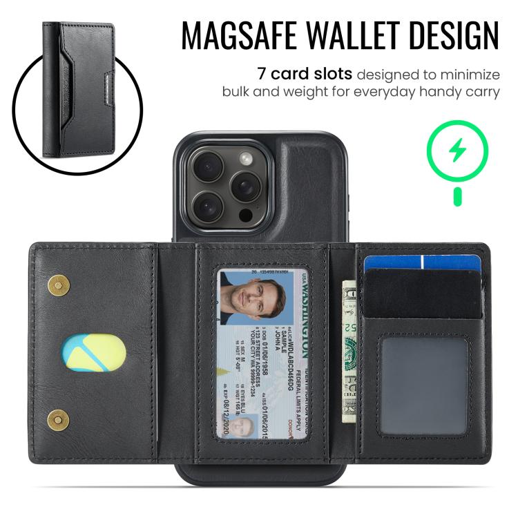 For iPhone 15 Pro Max MAGKING K4 Series MagSafe RFID Tri-fold Card Bag Detachable Phone Case