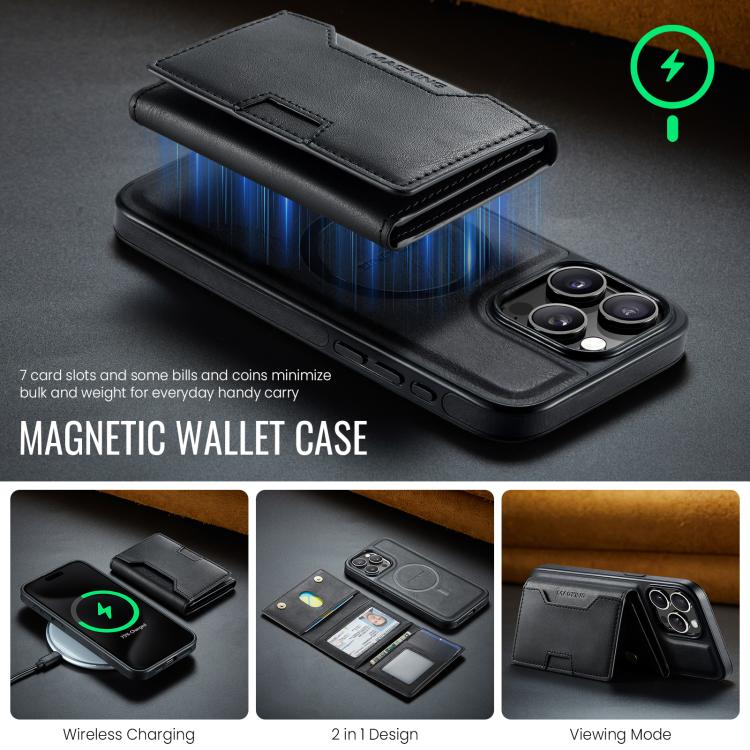 For iPhone 15 Pro Max MAGKING K4 Series MagSafe RFID Tri-fold Card Bag Detachable Phone Case