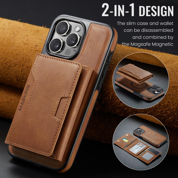 For iPhone 15 Pro Max MAGKING K4 Series MagSafe RFID Tri-fold Card Bag Detachable Phone Case