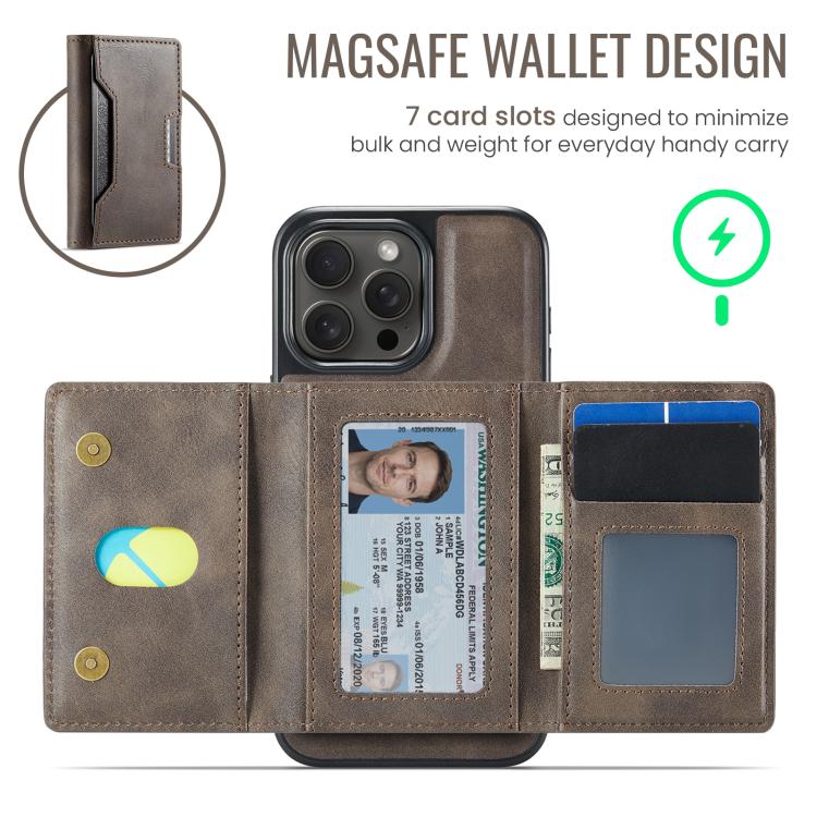 For iPhone 15 Pro Max MAGKING K4 Series MagSafe RFID Tri-fold Card Bag Detachable Phone Case
