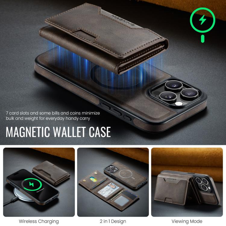 For iPhone 15 Pro Max MAGKING K4 Series MagSafe RFID Tri-fold Card Bag Detachable Phone Case