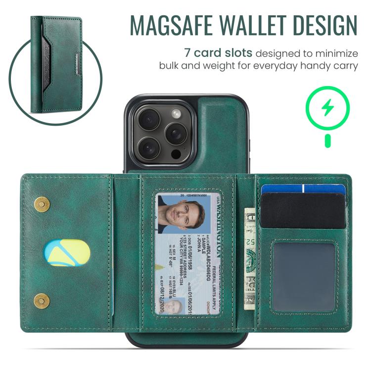For iPhone 15 Pro Max MAGKING K4 Series MagSafe RFID Tri-fold Card Bag Detachable Phone Case