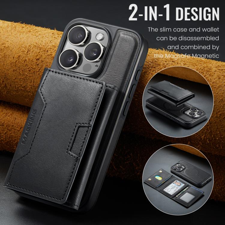 For iPhone 15 Pro MAGKING K4 Series MagSafe RFID Tri-fold Card Bag Detachable Phone Case