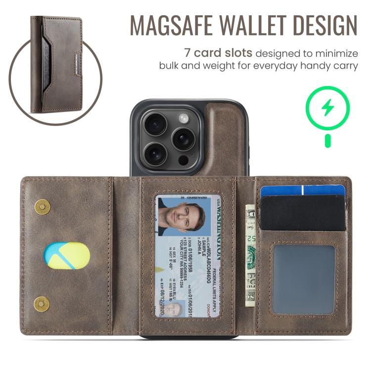 For iPhone 15 Pro MAGKING K4 Series MagSafe RFID Tri-fold Card Bag Detachable Phone Case
