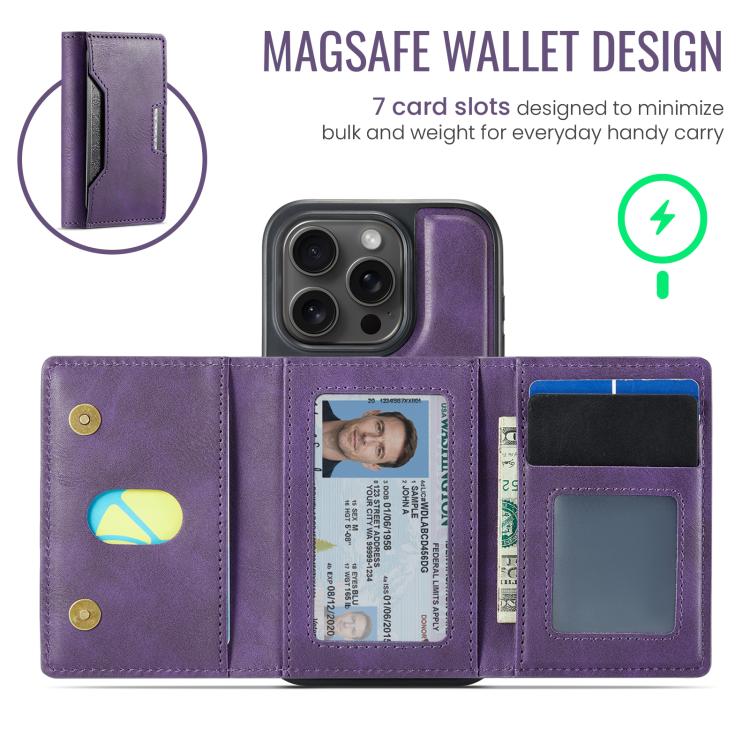 For iPhone 15 Pro MAGKING K4 Series MagSafe RFID Tri-fold Card Bag Detachable Phone Case