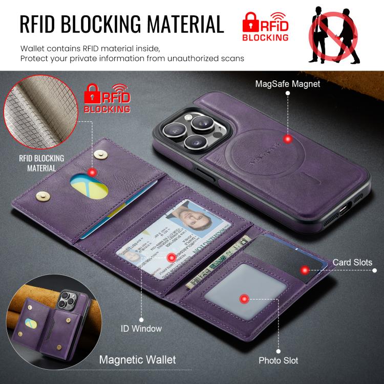 For iPhone 15 Pro MAGKING K4 Series MagSafe RFID Tri-fold Card Bag Detachable Phone Case