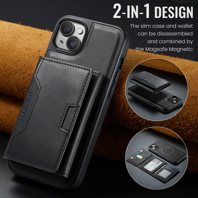 For iPhone 15 Plus MAGKING K4 Series MagSafe RFID Tri-fold Card Bag Detachable Phone Case