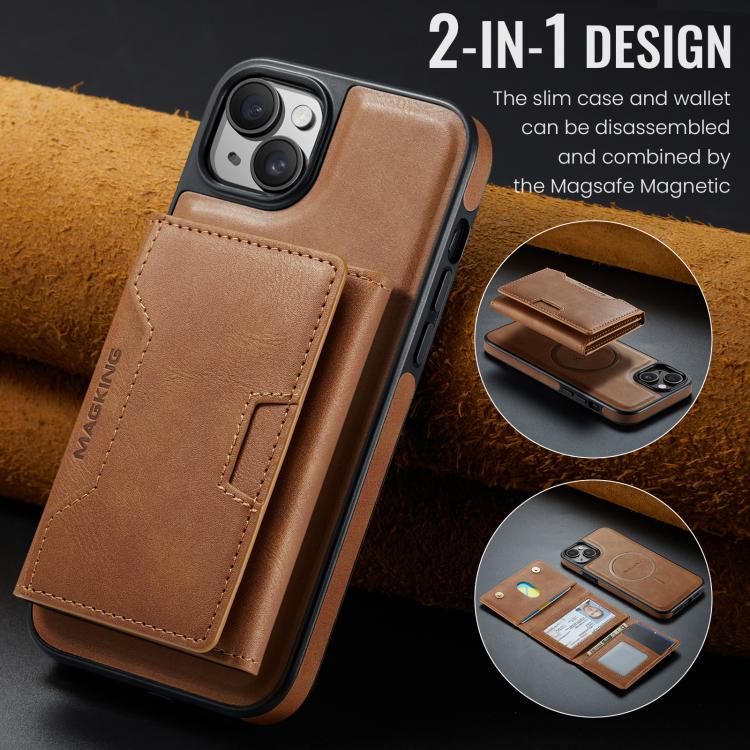 For iPhone 15 Plus MAGKING K4 Series MagSafe RFID Tri-fold Card Bag Detachable Phone Case